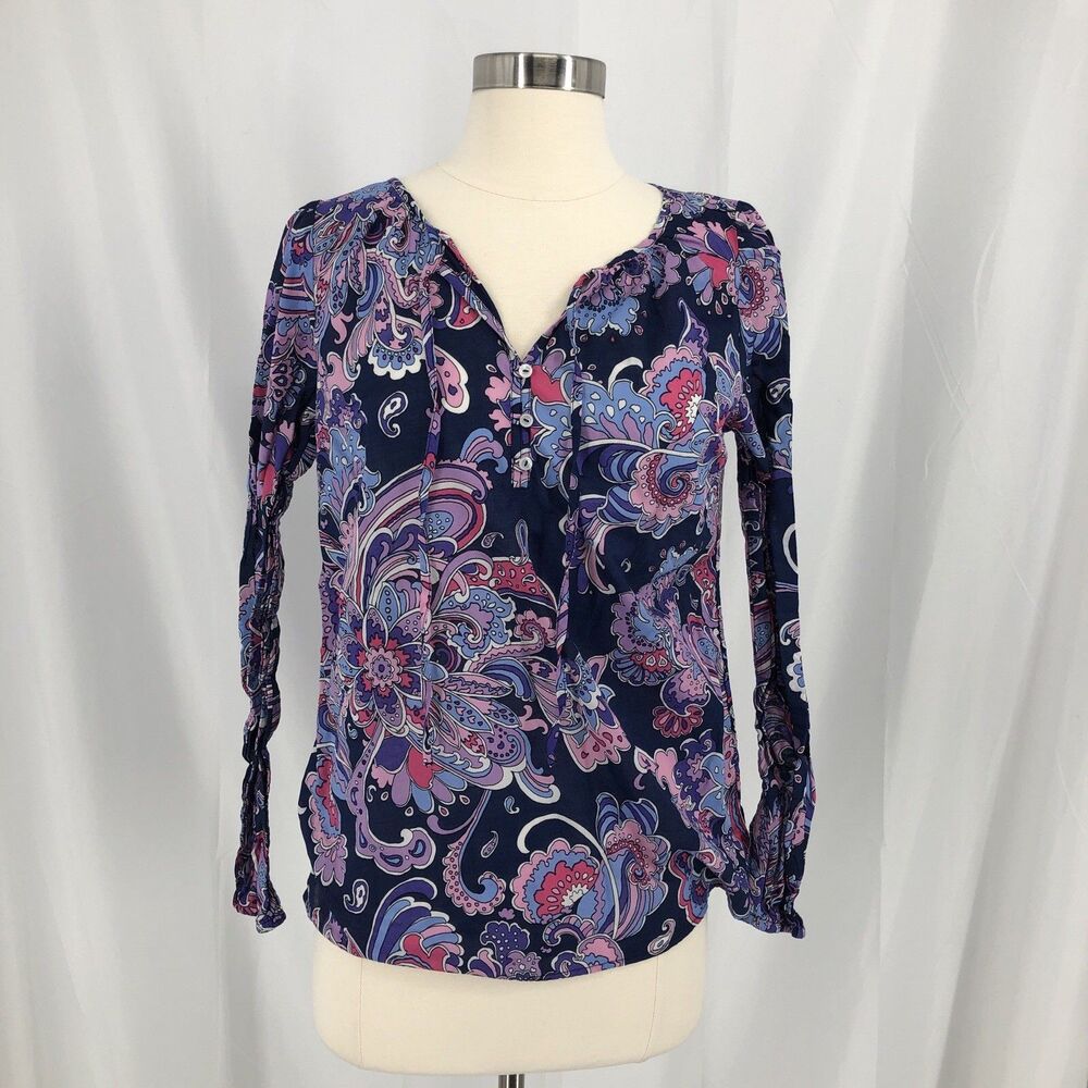 Talbots Women's Purple Paisley V-Neck Tie Blouse Small